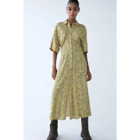 Zara Yellow Multicolor Floral Print Button Front Shirt Maxi Dress Size M
